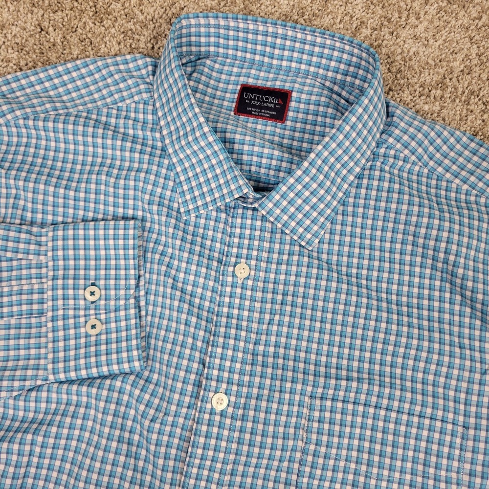 Untuckit Mens 3XL Blue White Check Performance Stretch Button Up Long Sleeve